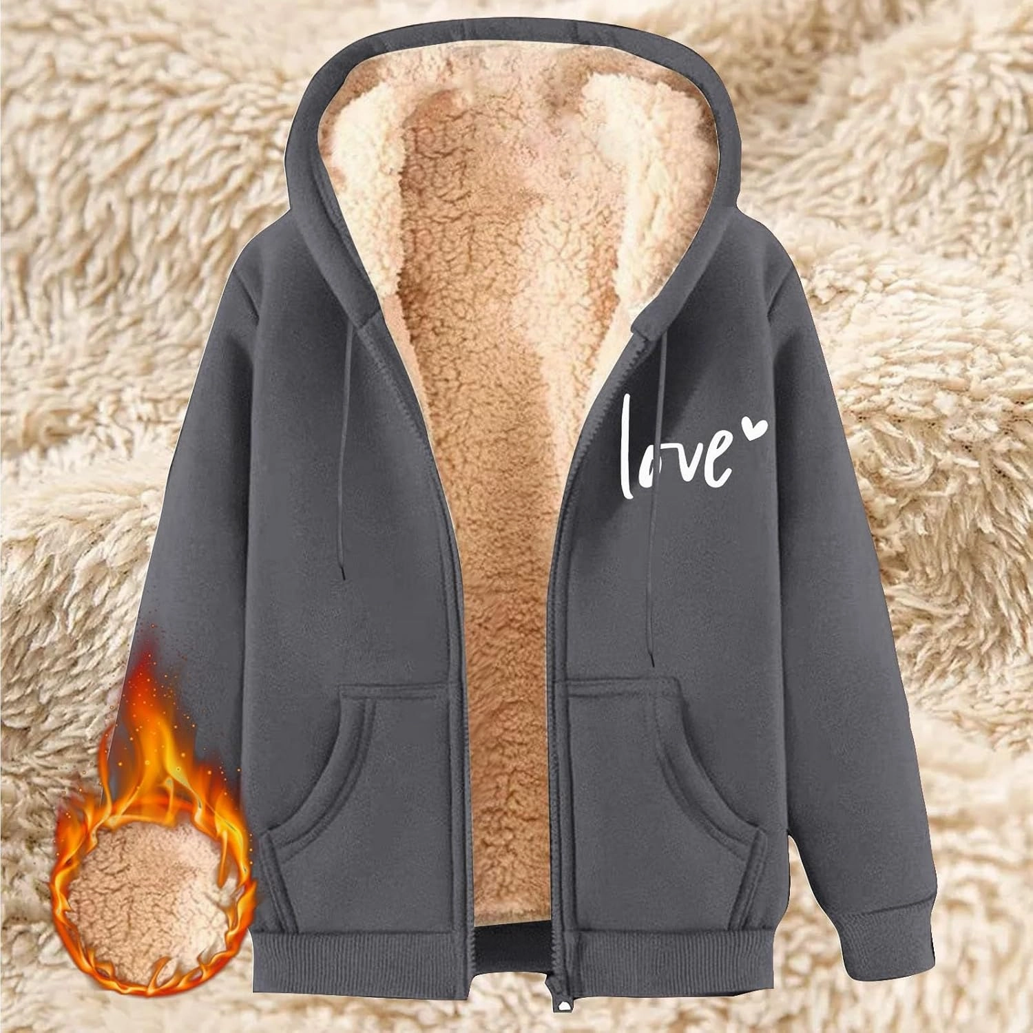 Womens Lamb Fleece Zip Up Hoodie Trendy Letter Printted Thick Thermal Jacket Long Sleeve Going Out Y2K Athletic Coats