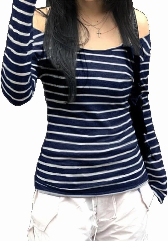 Womens Long Sleeve Grunge Aesthetic Shirts Striped Off Shoulder Tops Teen Girls Alt Emo Goth Streetwear Y2k Clothes