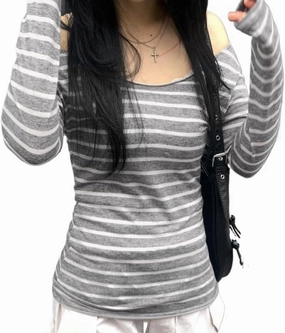 Womens Long Sleeve Grunge Aesthetic Shirts Striped Off Shoulder Tops Teen Girls Alt Emo Goth Streetwear Y2k Clothes
