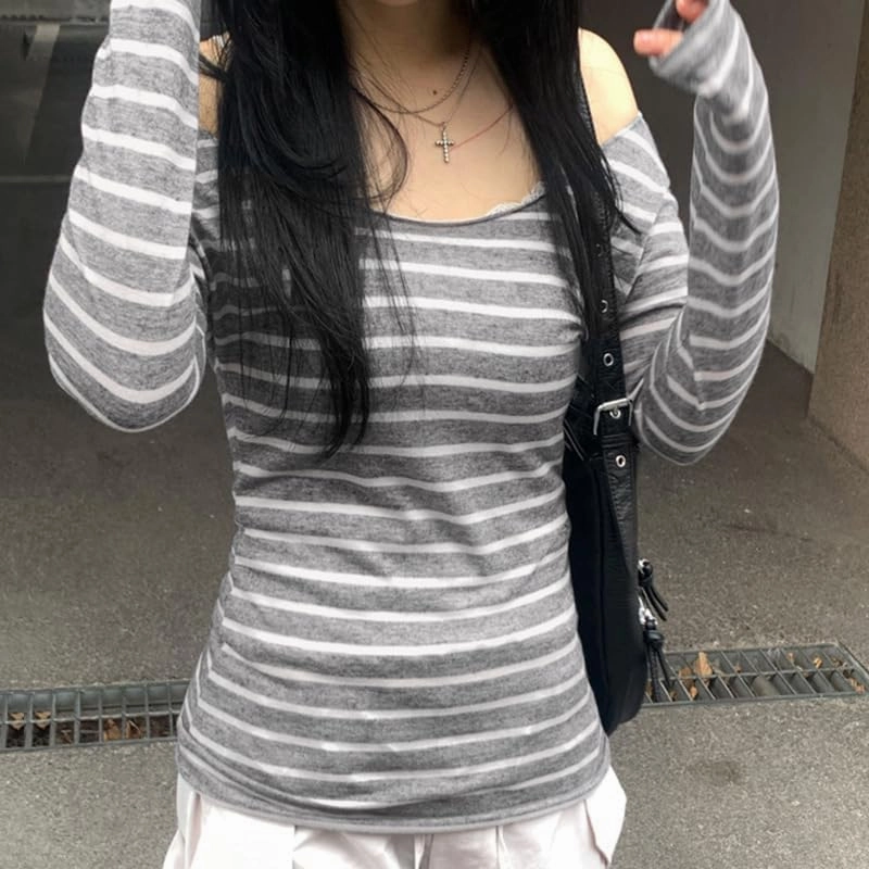 Womens Long Sleeve Grunge Aesthetic Shirts Striped Off Shoulder Tops Teen Girls Alt Emo Goth Streetwear Y2k Clothes