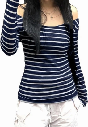 Womens Long Sleeve Grunge Aesthetic Shirts Striped Off Shoulder Tops Teen Girls Alt Emo Goth Streetwear Y2k Clothes