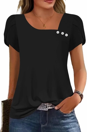 Womens Petal Sleeve Tops Summer Trendy T Shirt Casual Loose Square Neck Button Blouse Tees