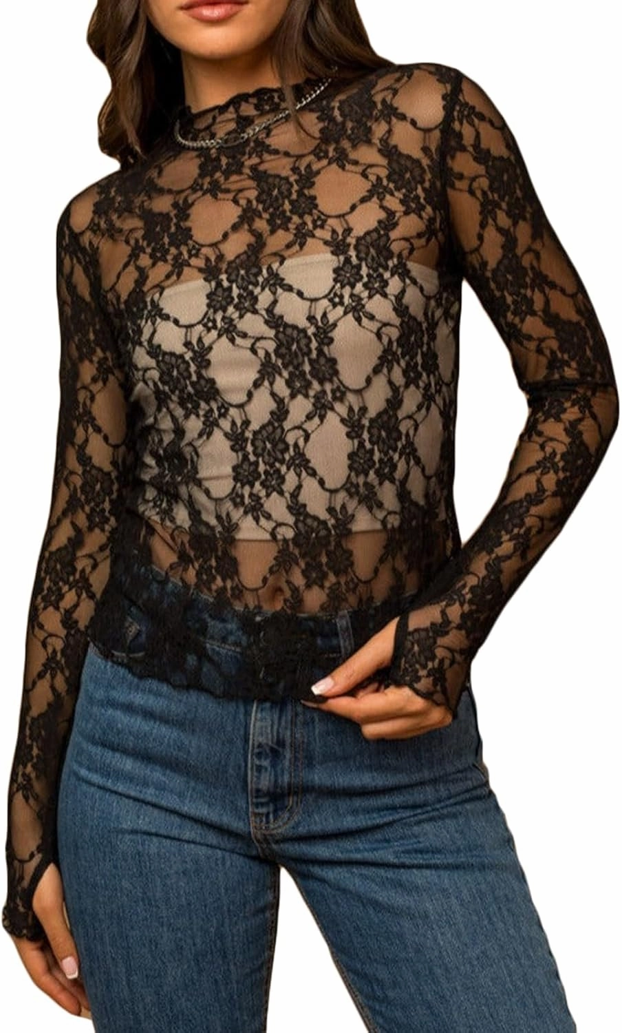 Womens Sheer Lace Long Sleeve Layering Top Mock Neck Floral Lace Undershirt Mesh See Through Shirts Clubwear