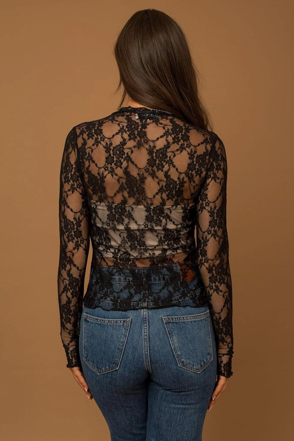 Womens Sheer Lace Long Sleeve Layering Top Mock Neck Floral Lace Undershirt Mesh See Through Shirts Clubwear