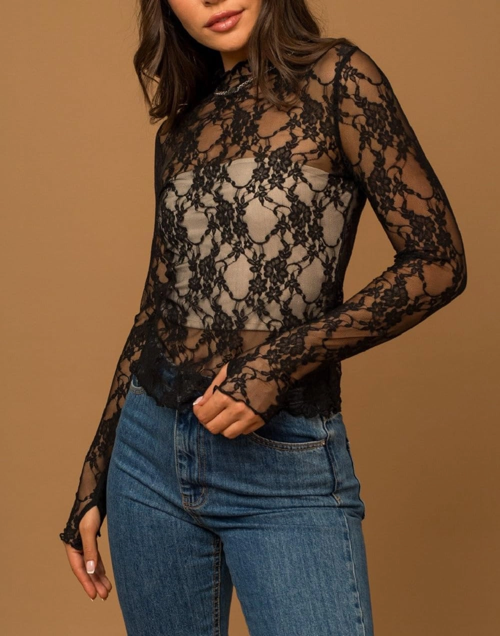 Womens Sheer Lace Long Sleeve Layering Top Mock Neck Floral Lace Undershirt Mesh See Through Shirts Clubwear