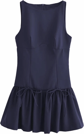 Womens Sleeveless Pleated Dress Girdling A Line Solid Color Pullover Round Neck Bow Zipper Back Mini Dress