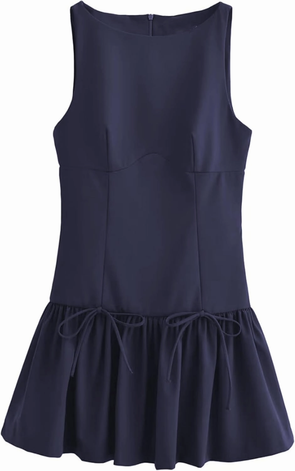 Womens Sleeveless Pleated Dress Girdling A Line Solid Color Pullover Round Neck Bow Zipper Back Mini Dress