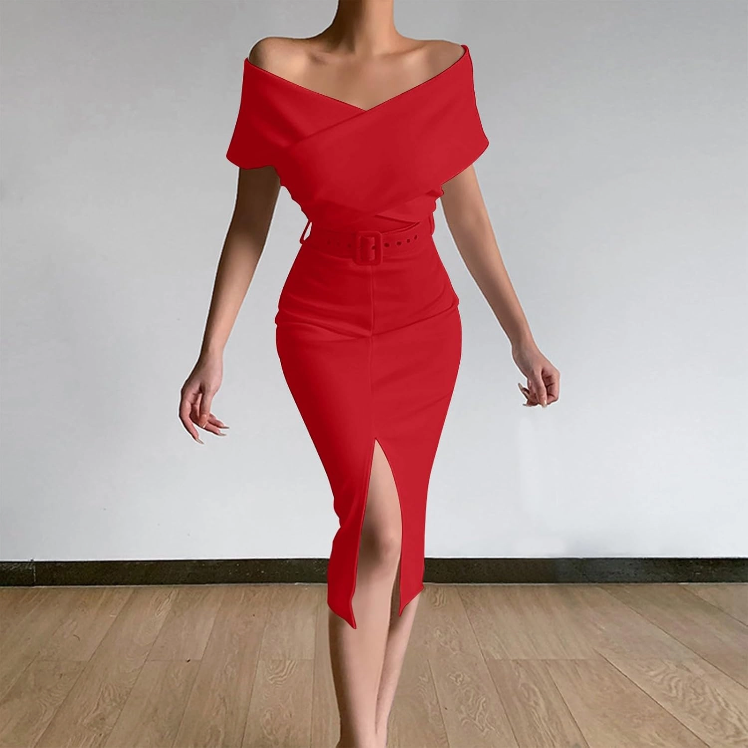 Womens Summer Business Casual Work Dresses Elegant Dressy Wrap Cross V Neck Off Shoulder Front Split Bodycon Midi Dress