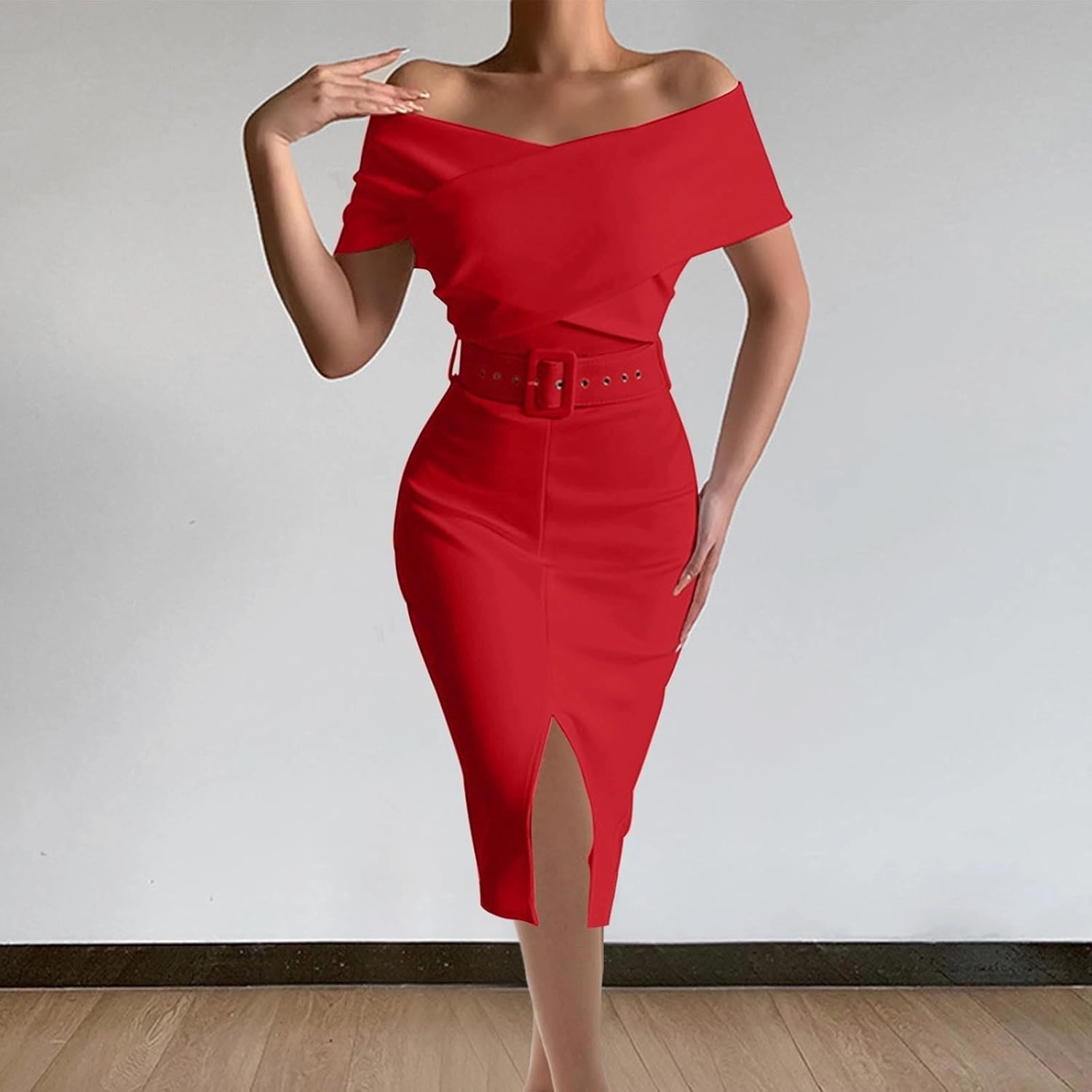 Womens Summer Business Casual Work Dresses Elegant Dressy Wrap Cross V Neck Off Shoulder Front Split Bodycon Midi Dress