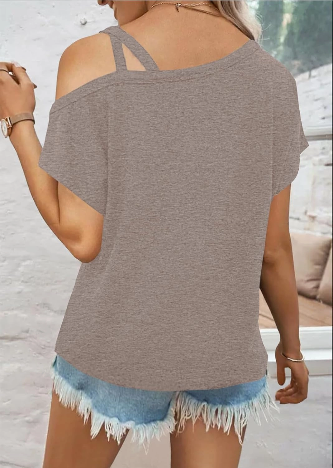 Womens Summer Trendy Cold Shoulder Short Sleeve T Shirts Criss Cross Casual Loose Tunic Shirts Tops Blouses