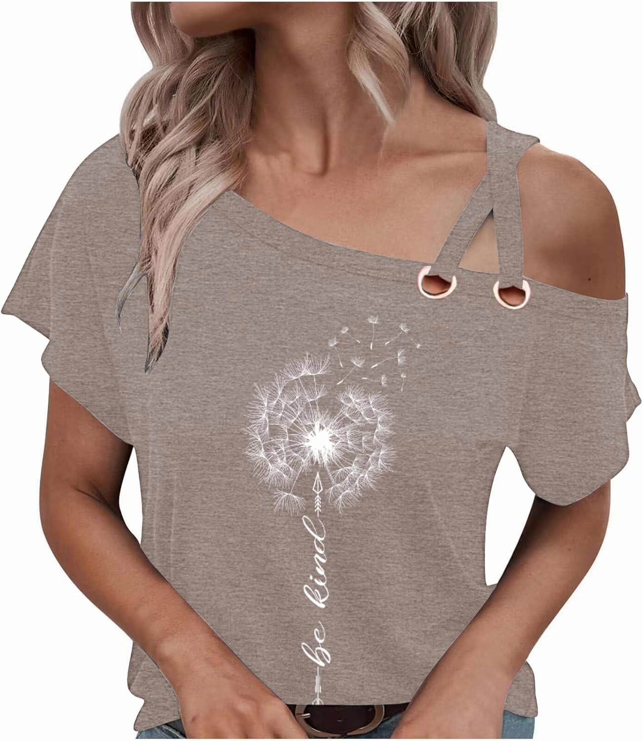 Womens Summer Trendy Cold Shoulder Short Sleeve T Shirts Criss Cross Casual Loose Tunic Shirts Tops Blouses