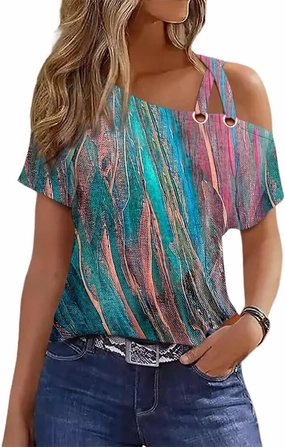 Womens Summer Trendy Cold Shoulder Short Sleeve T Shirts Criss Cross Casual Loose Tunic Shirts Tops Blouses