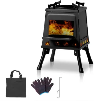 Wood Burning Camp Stove, Tent Wood Burning Stoves Portable Cast Iron Camping Wood Stove with Carrying Case and Gloves, Compact Outdoor Cooking Solution for Outdoor Cooking