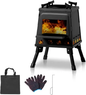 Wood Burning Stove, Camping Wood Stove, Small Portable Cast Iron Wood Stove: Compact Outdoor Cooking Solution with Carrying Bag, Black, Detachable