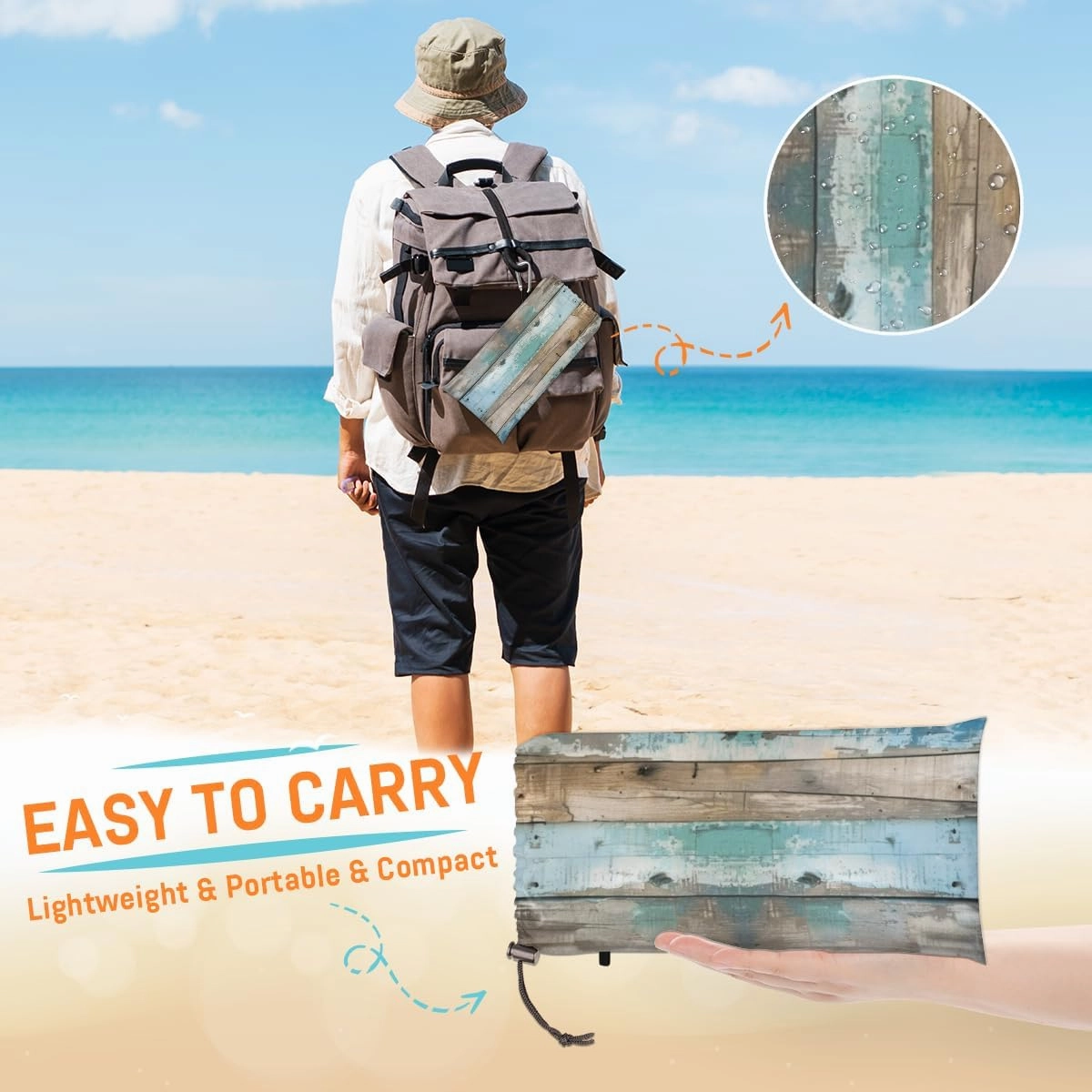 Wood Grain Beach Blanket, Sandproof Beach Mat, Adults Waterproof Quick Drying Sand Free Mat with 4 x Ground Spikes for Outdoor Travel Camping Hiking, Wood Texture