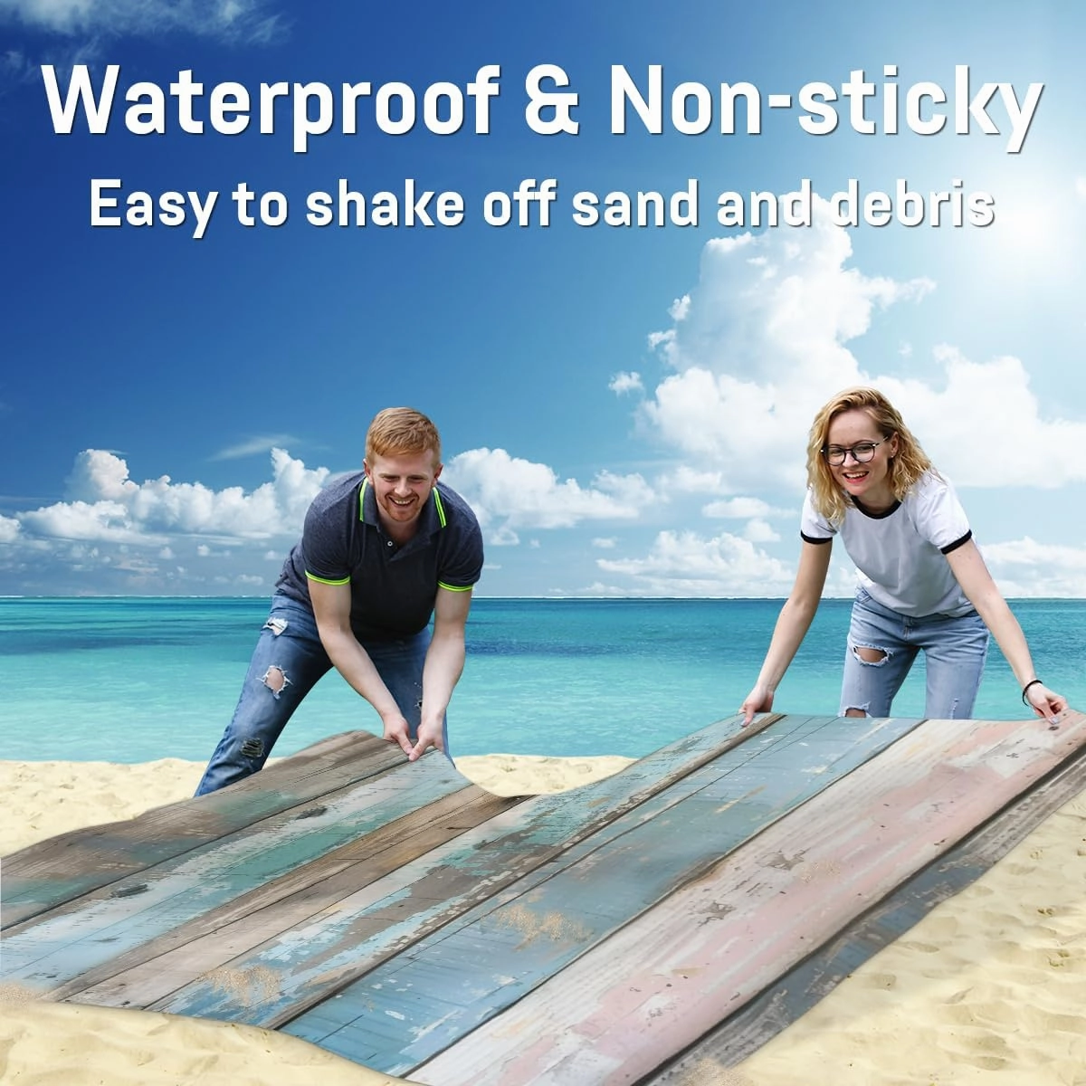 Wood Grain Beach Blanket, Sandproof Beach Mat, Adults Waterproof Quick Drying Sand Free Mat with 4 x Ground Spikes for Outdoor Travel Camping Hiking, Wood Texture