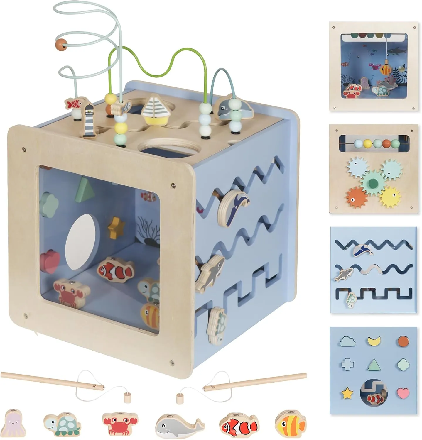 Wooden Activity Cube with Bead Maze, 7-in-1 Montessori Toys for 1  Year Old Boys&Girls,Kids Educational Learning Toys for Toddlers Age 1-2,Under The Sea Adventure Cube with Fishing Game&Shape Sorter
