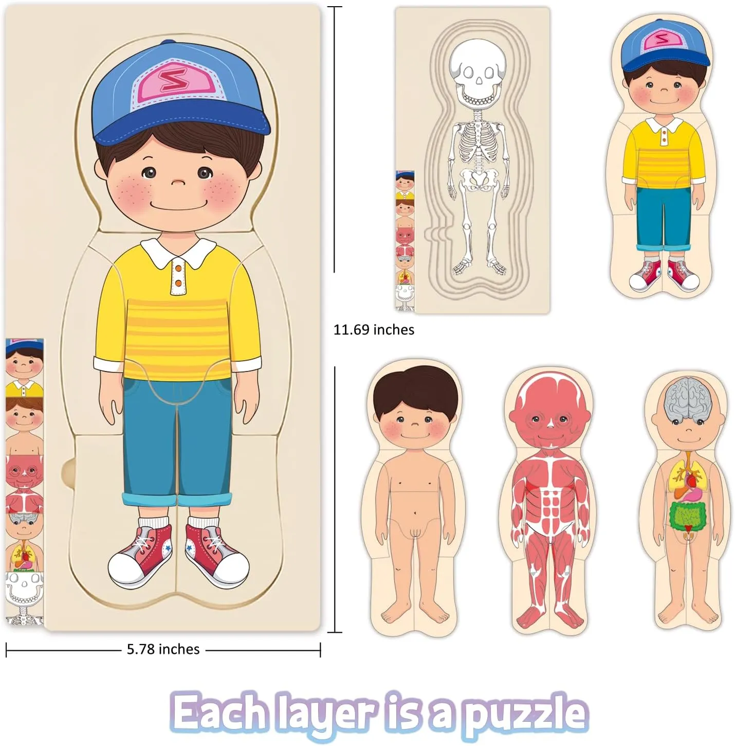 Wooden My Body Puzzle for Toddlers & Kids, Boys Montessori Anatomy Puzzle Kid Play Set, Preschool Game Learning Human Body Skeleton Toys for Kids Ages 3-5