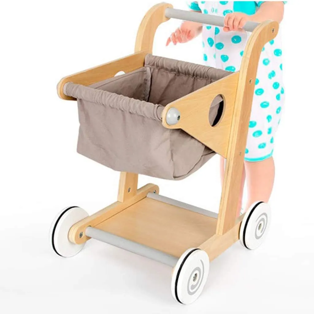 Wooden Shopping Trolley Little Shopper Role Play Pretend Food Kids Toy Cart