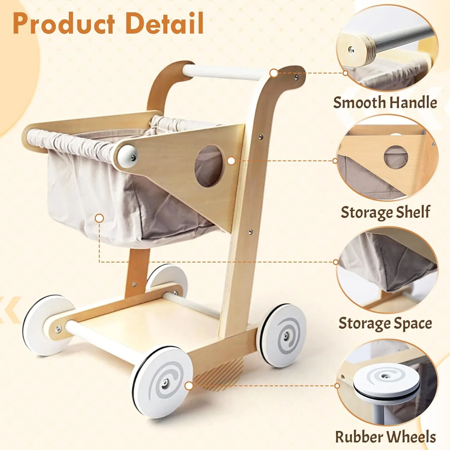 Wooden Shopping Trolley Little Shopper Role Play Pretend Food Kids Toy Cart