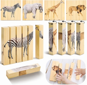 Wooden Animal Chunky Puzzles 4 in 1 Safari Animal Block Puzzle Toy Science Educational Matching Game for Homeschool Preschool Boys and Girls