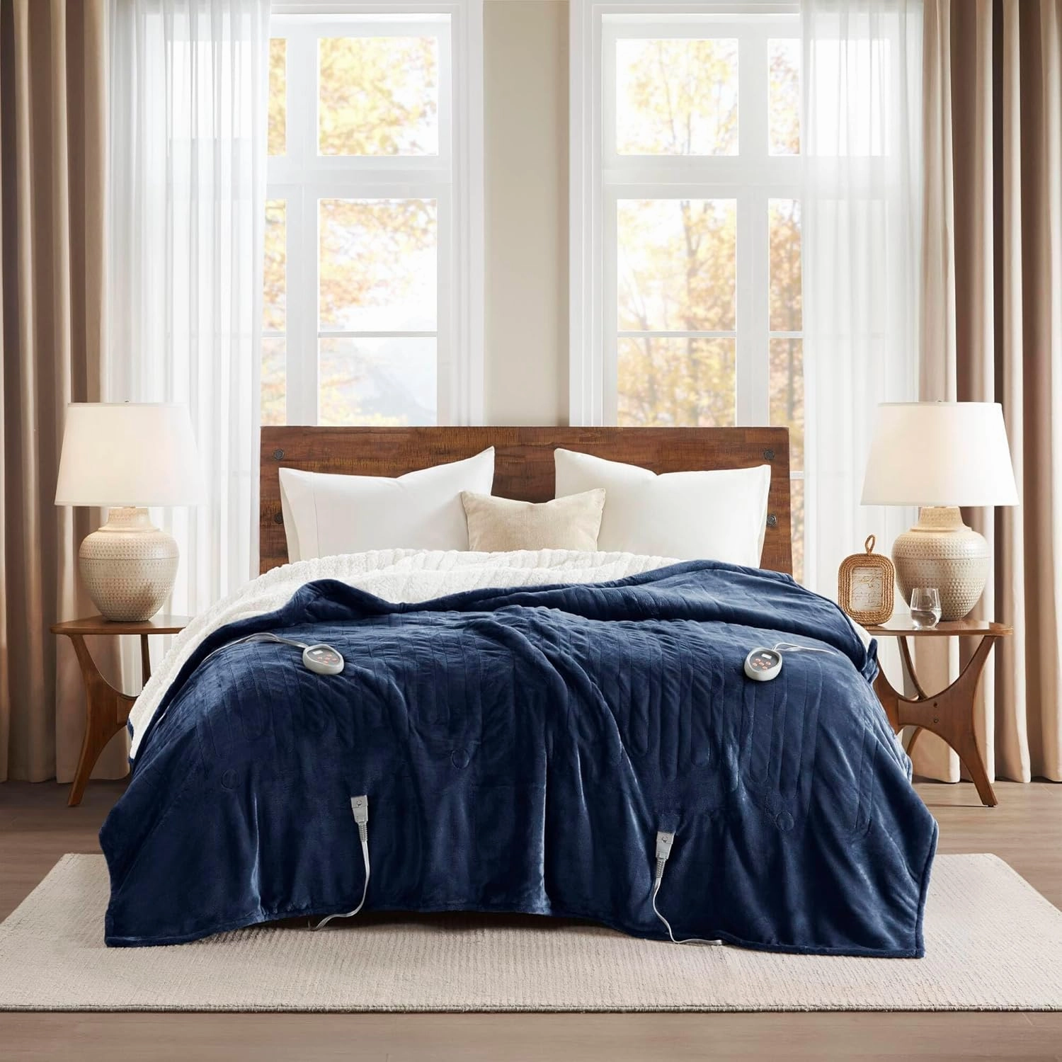 Woolrich Heated Plush to Berber Electric Blanket Throw Ultra Soft Knitted, Super Warm and Snuggly Cozy with Auto Shut Off and Multi Heat Level Setting Controllers, Twin: 62x84, Indigo (WR54-1759)