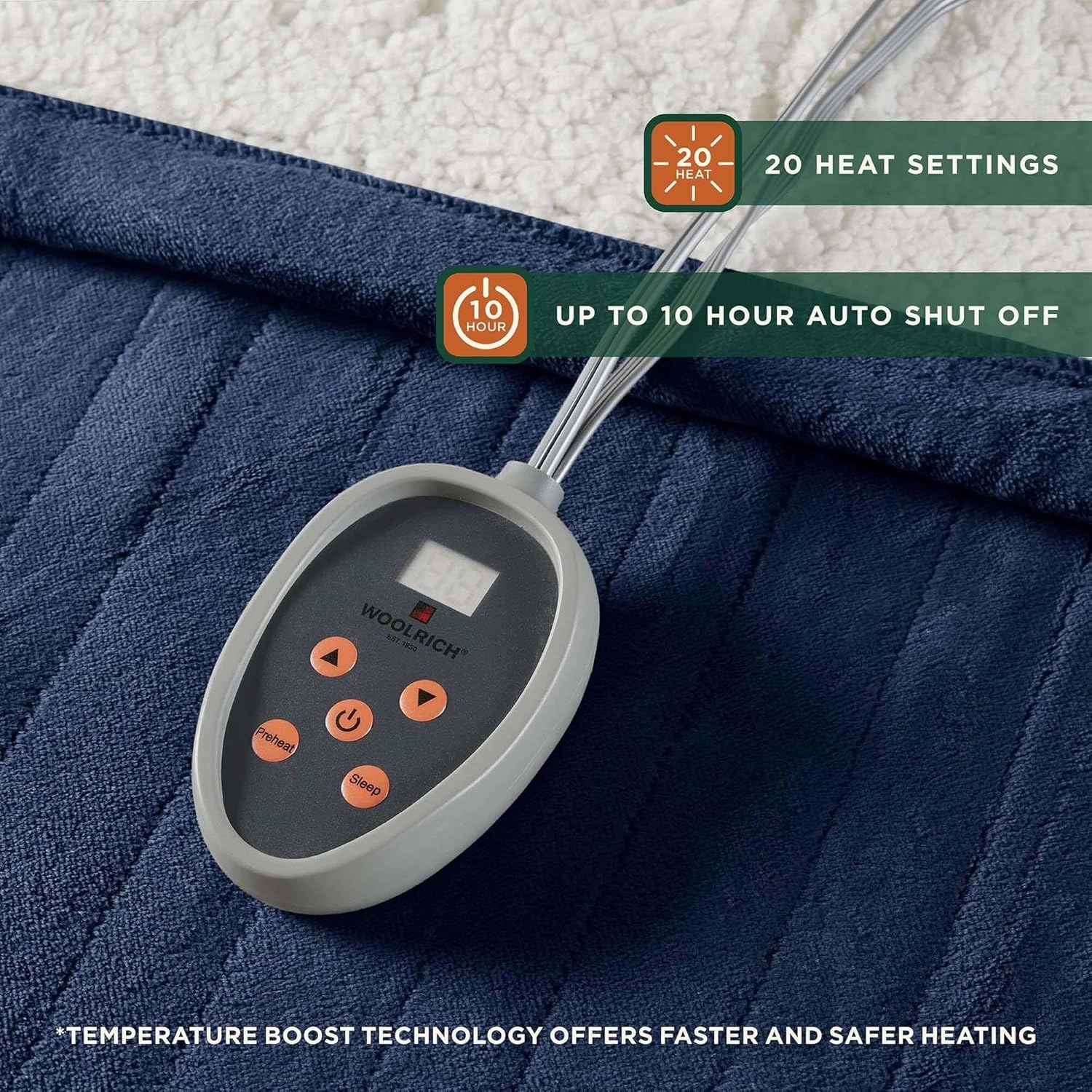 Woolrich Heated Plush to Berber Electric Blanket Throw Ultra Soft Knitted, Super Warm and Snuggly Cozy with Auto Shut Off and Multi Heat Level Setting Controllers, Twin: 62x84, Indigo (WR54-1759)