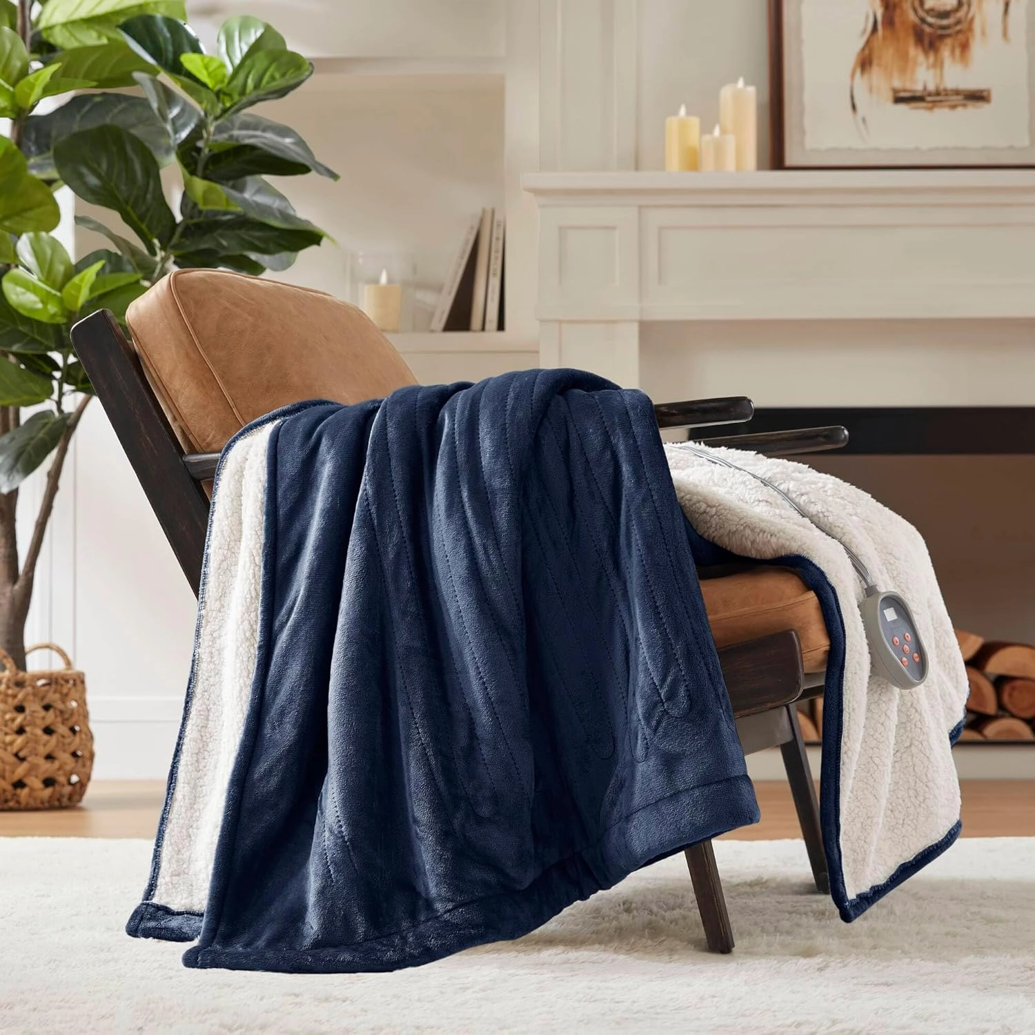 Woolrich Heated Plush to Berber Electric Blanket Throw Ultra Soft Knitted, Super Warm and Snuggly Cozy with Auto Shut Off and Multi Heat Level Setting Controllers, Twin: 62x84, Indigo (WR54-1759)