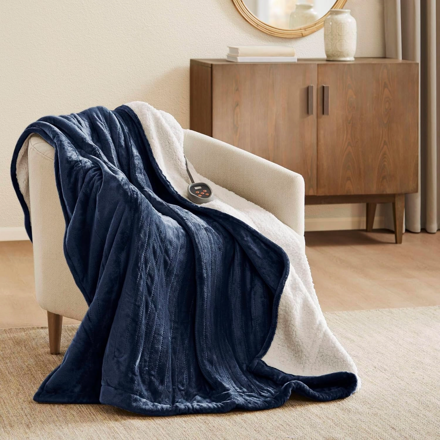 Woolrich Heated Plush to Berber Electric Blanket Throw Ultra Soft Knitted, Super Warm and Snuggly Cozy with Auto Shut Off and Multi Heat Level Setting Controllers, Twin: 62x84, Indigo (WR54-1759)