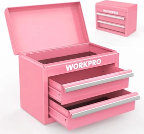WORKPRO Mini Metal Tool Box with 2 Drawers and Top Storage, Small Tool Chest with PVC Liners and PP Feet Pads, Cold Rolled Steel Toolbox with Magnetic Tab