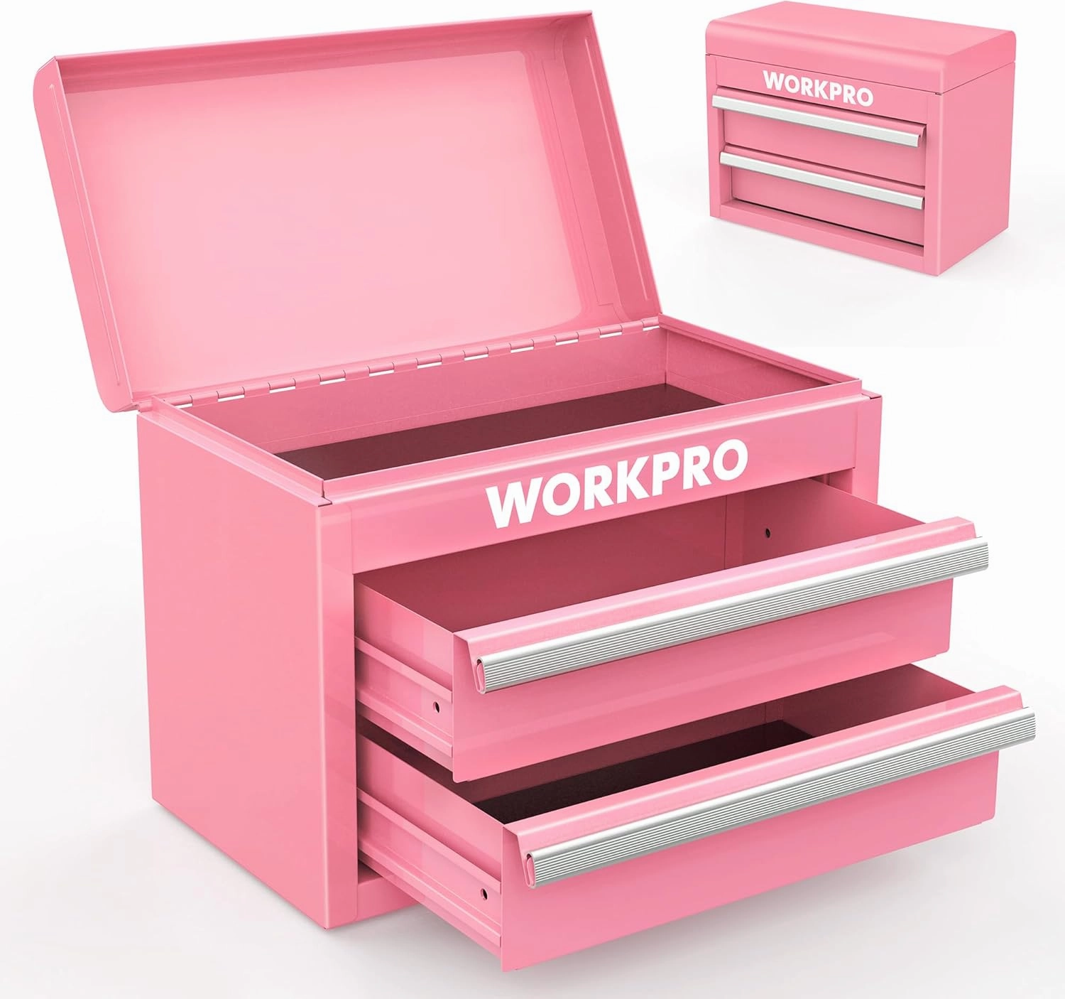 WORKPRO Mini Metal Tool Box with 2 Drawers and Top Storage, Small Tool Chest with PVC Liners and PP Feet Pads, Cold Rolled Steel Toolbox with Magnetic Tab