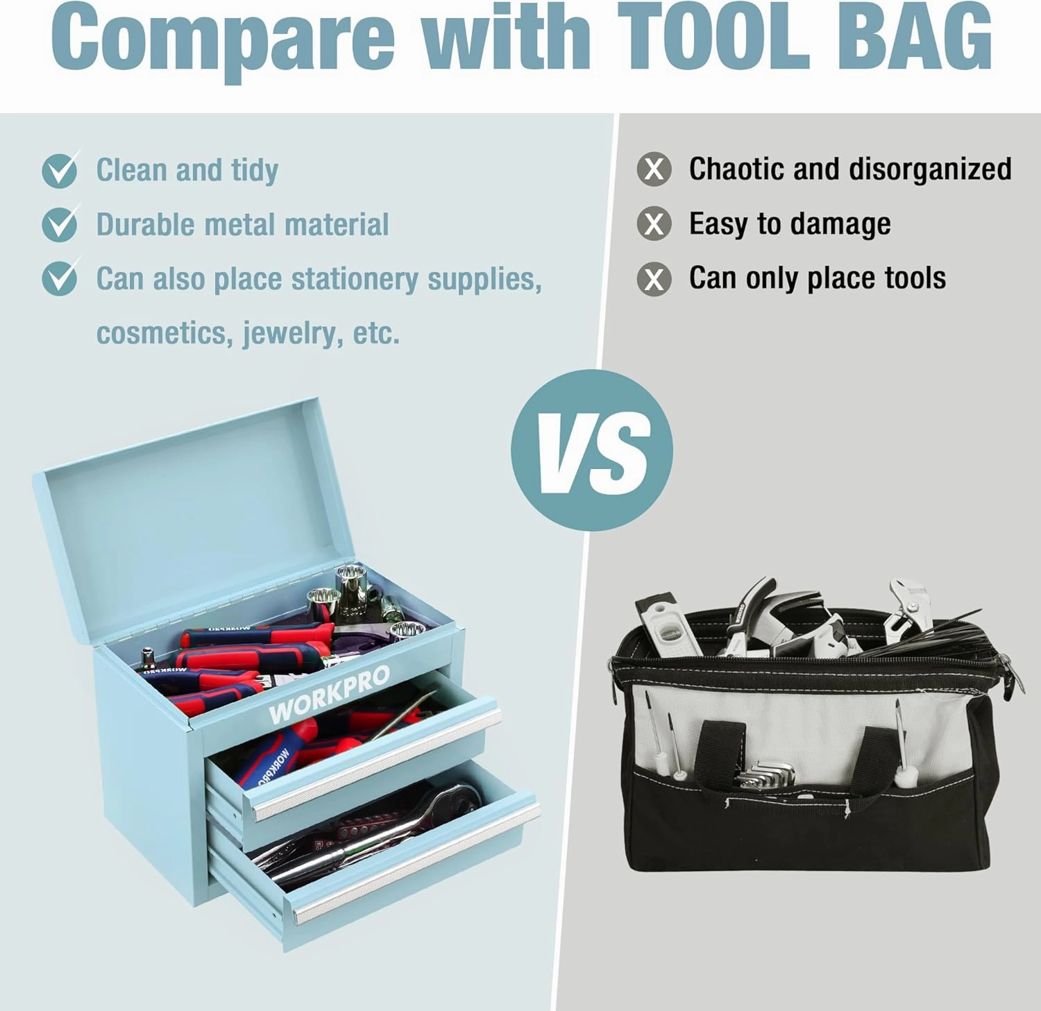 WORKPRO Mini Metal Tool Box with 2 Drawers and Top Storage, Small Tool Chest with PVC Liners and PP Feet Pads, Cold Rolled Steel Toolbox with Magnetic Tab