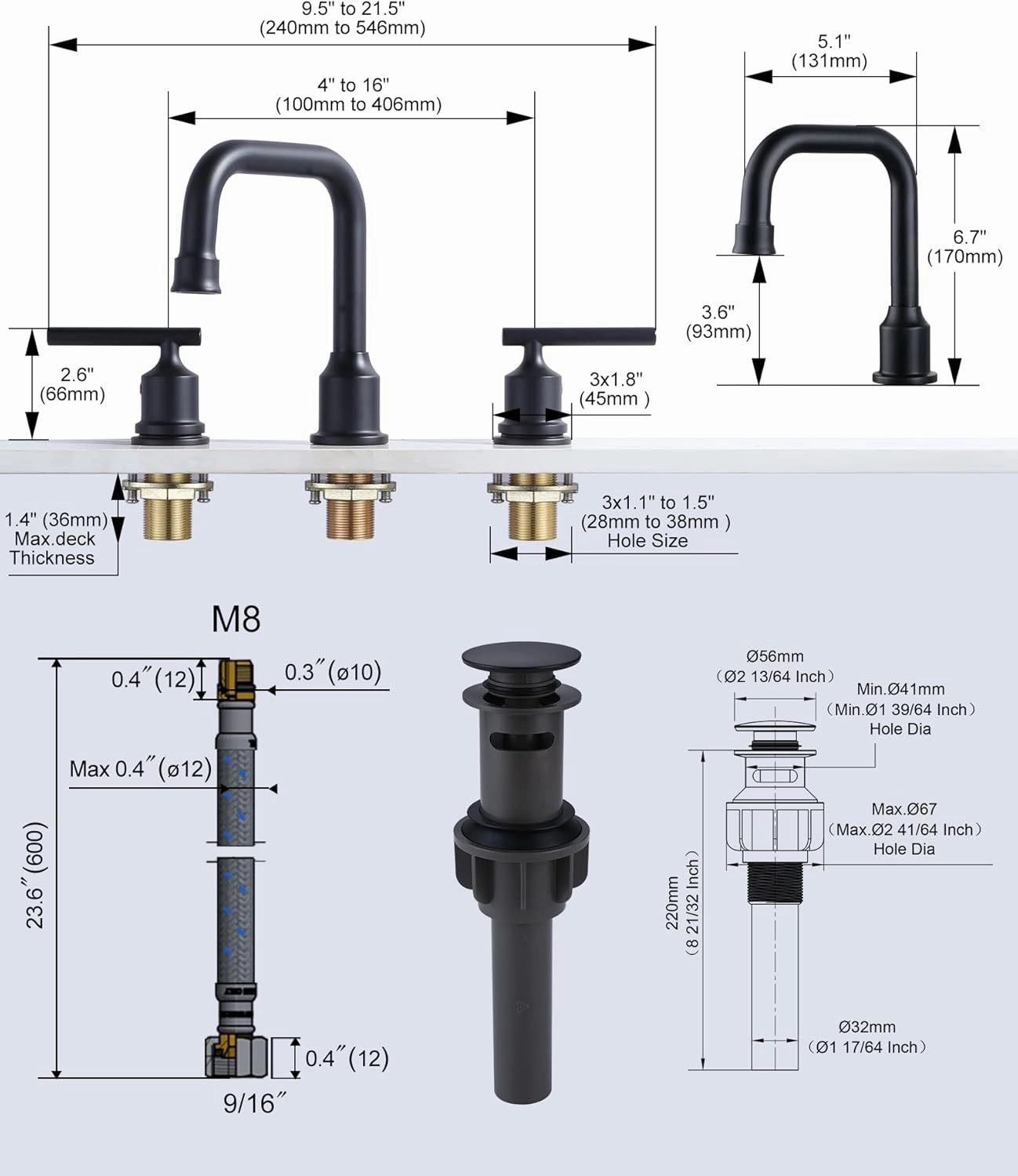 WOWOW Two Handles Widespread 8 inch Bathroom Faucet Black 3 Pieces Basin Faucets 360 Degree Swivel Spout Lavatory Sink Faucet