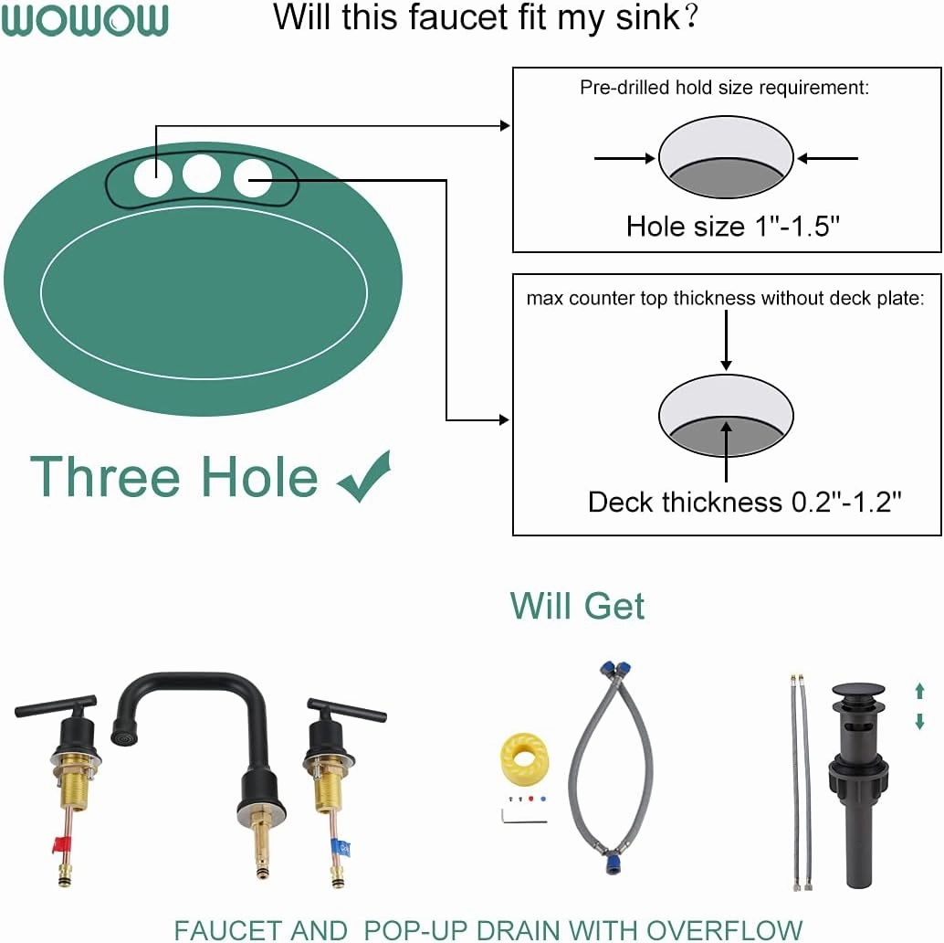 WOWOW Two Handles Widespread 8 inch Bathroom Faucet Black 3 Pieces Basin Faucets 360 Degree Swivel Spout Lavatory Sink Faucet
