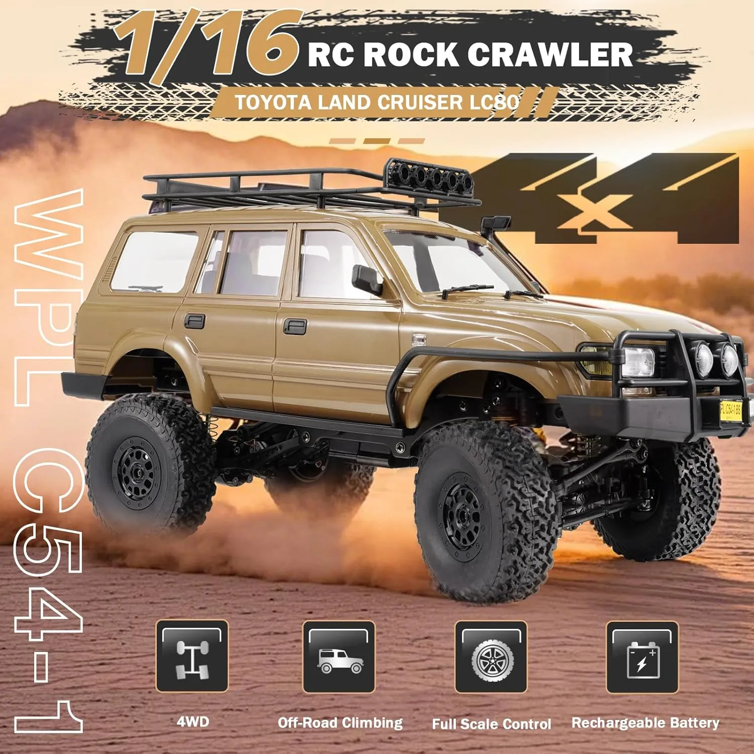 WPL C54-1 RC Crawler, 1/16 LC80 4x4 RC Rock Crawler Off Road RC Truck, 2.4Ghz RTF Remote Control Car with Upgraded Chassis and Proportional Steering for Adults Hobby Vehicle Toy