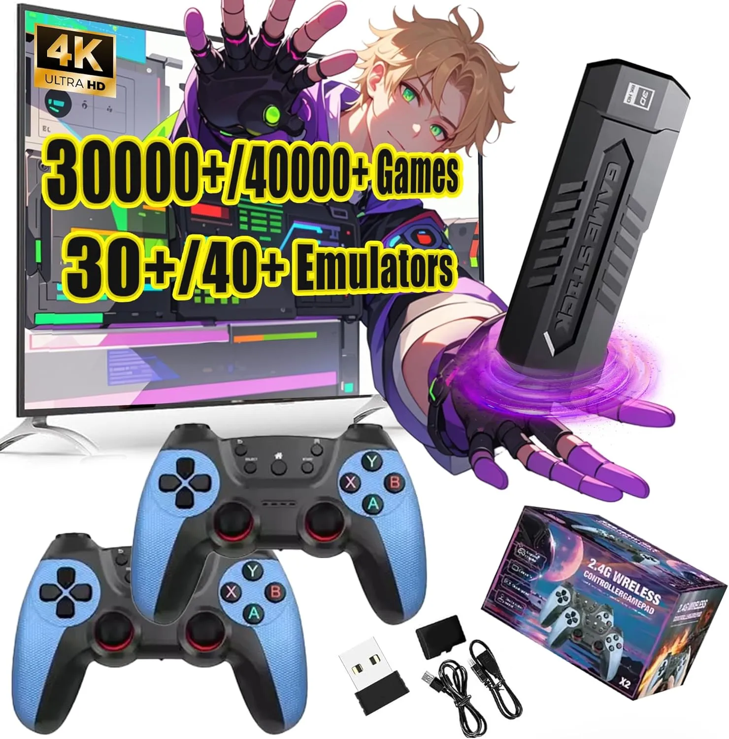 X2 Blue Retro Game Stick - 4K Retro Video Game Console 58000/40000/30000  Games,50/40/30  Emulators,HD Output,with 2 Wireless Controllers,Plug and Play,Home,TV/Computer,Gift for Men Husband (128G)