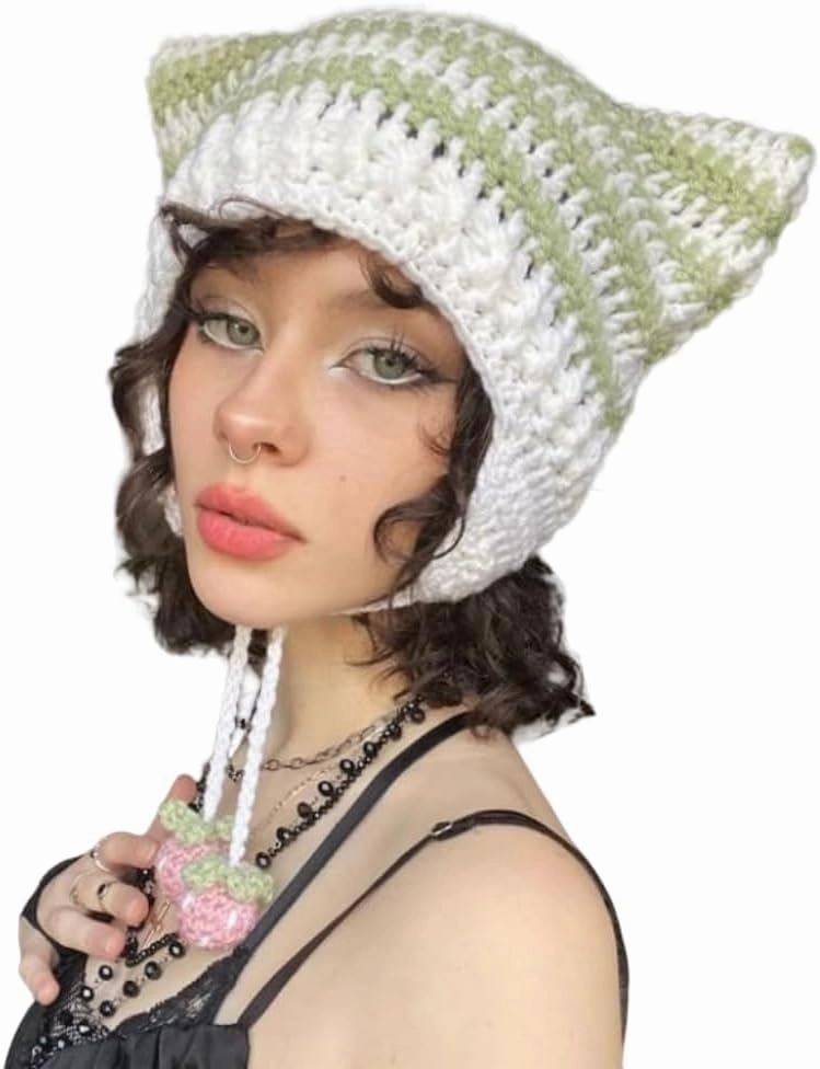 Y2K Crochet Hat for Women Kawaii Cute Knit Hat Vintage Beanie Cat Ear Grunge Fairy Slouchy Headgear Accessories
