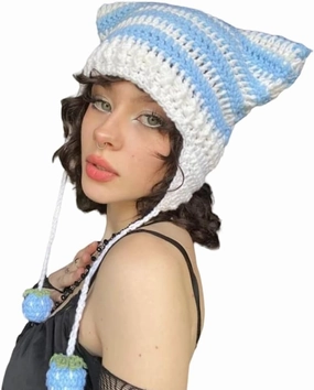 Y2K Crochet Hat for Women Kawaii Cute Knit Hat Vintage Beanie Cat Ear Grunge Fairy Slouchy Headgear Accessories