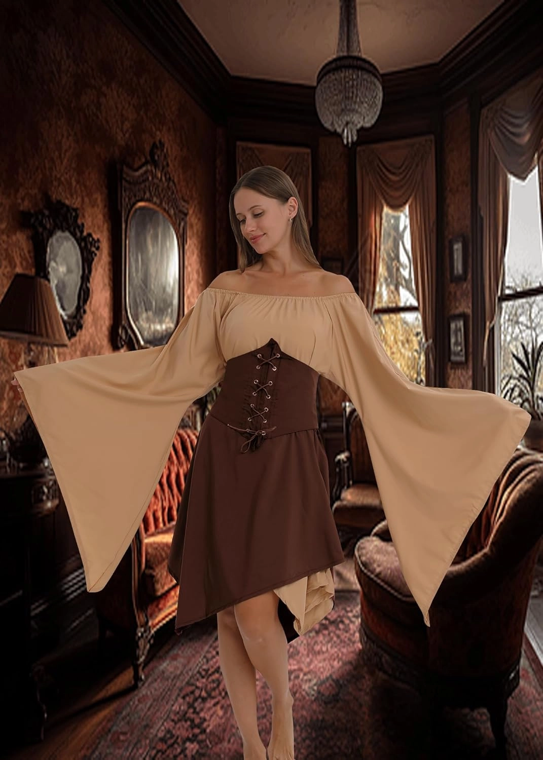 YEAXLUD Medieval Elven Traditional Irish Dress for Women Victorian Gothic Renaissance Corset Skirt