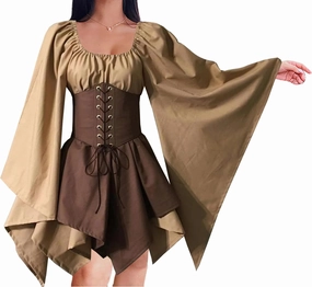 YEAXLUD Medieval Elven Traditional Irish Dress for Women Victorian Gothic Renaissance Corset Skirt