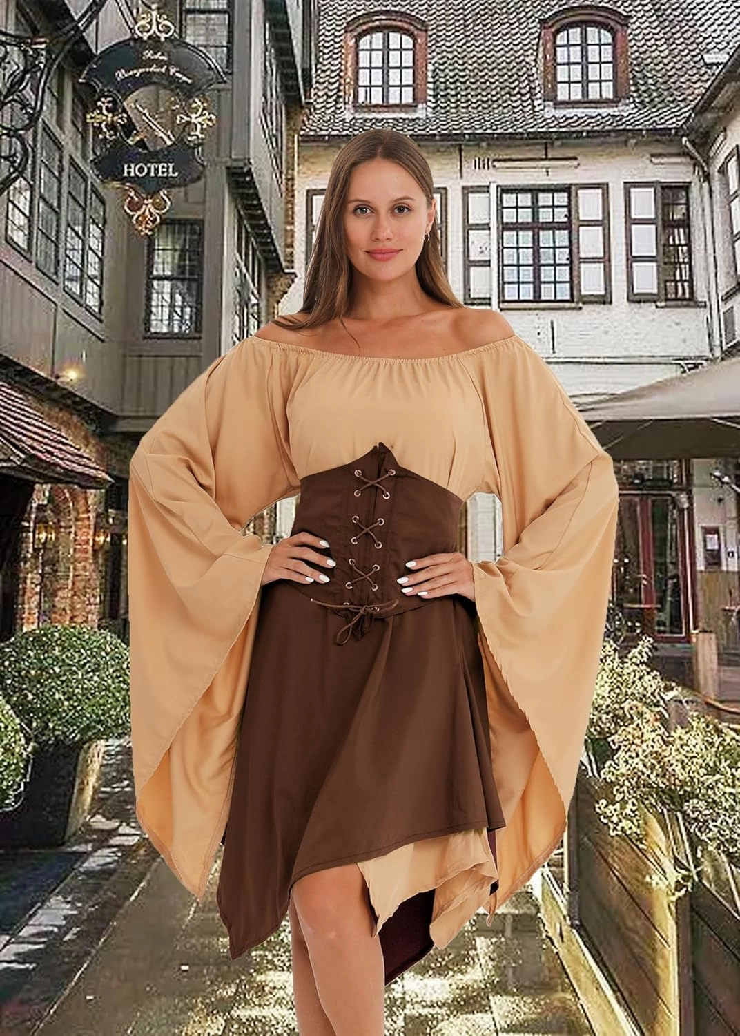 YEAXLUD Medieval Elven Traditional Irish Dress for Women Victorian Gothic Renaissance Corset Skirt