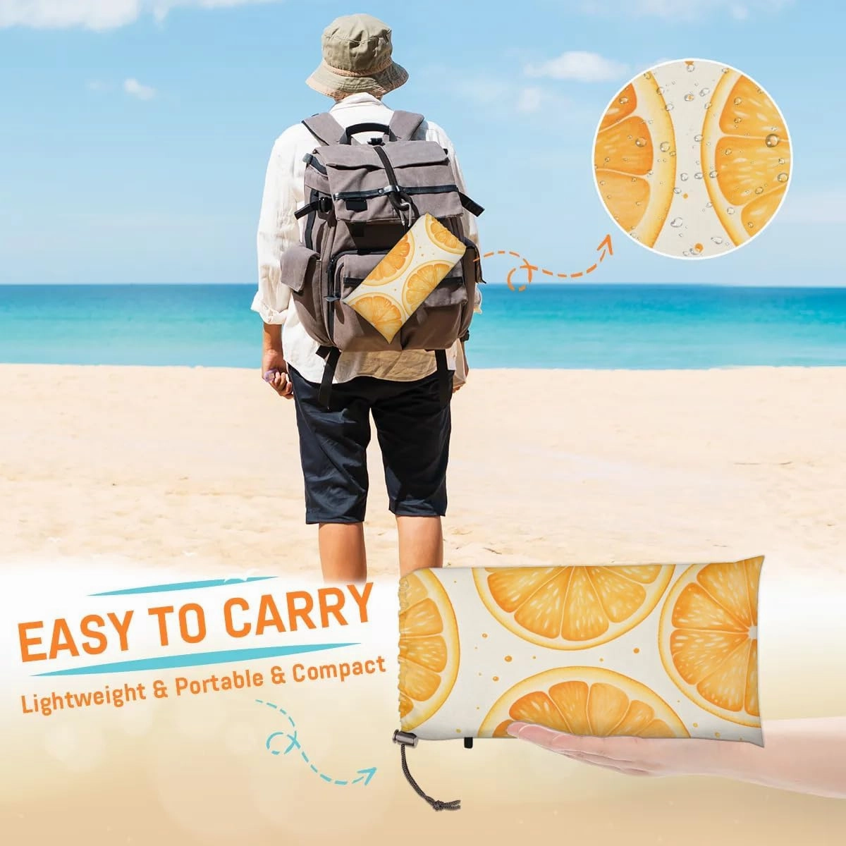 Yellow Lemon Beach Blanket, Sandproof Beach Mat, 68 x 59 Waterproof Quick Drying Sand Free Mat with 4 x Ground Spikes for Outdoor Travel Camping Hiking, Lemon Print