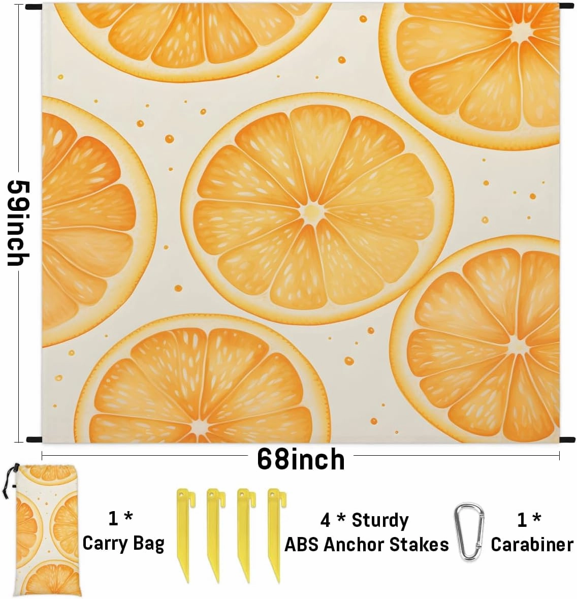 Yellow Lemon Beach Blanket, Sandproof Beach Mat, 68 x 59 Waterproof Quick Drying Sand Free Mat with 4 x Ground Spikes for Outdoor Travel Camping Hiking, Lemon Print