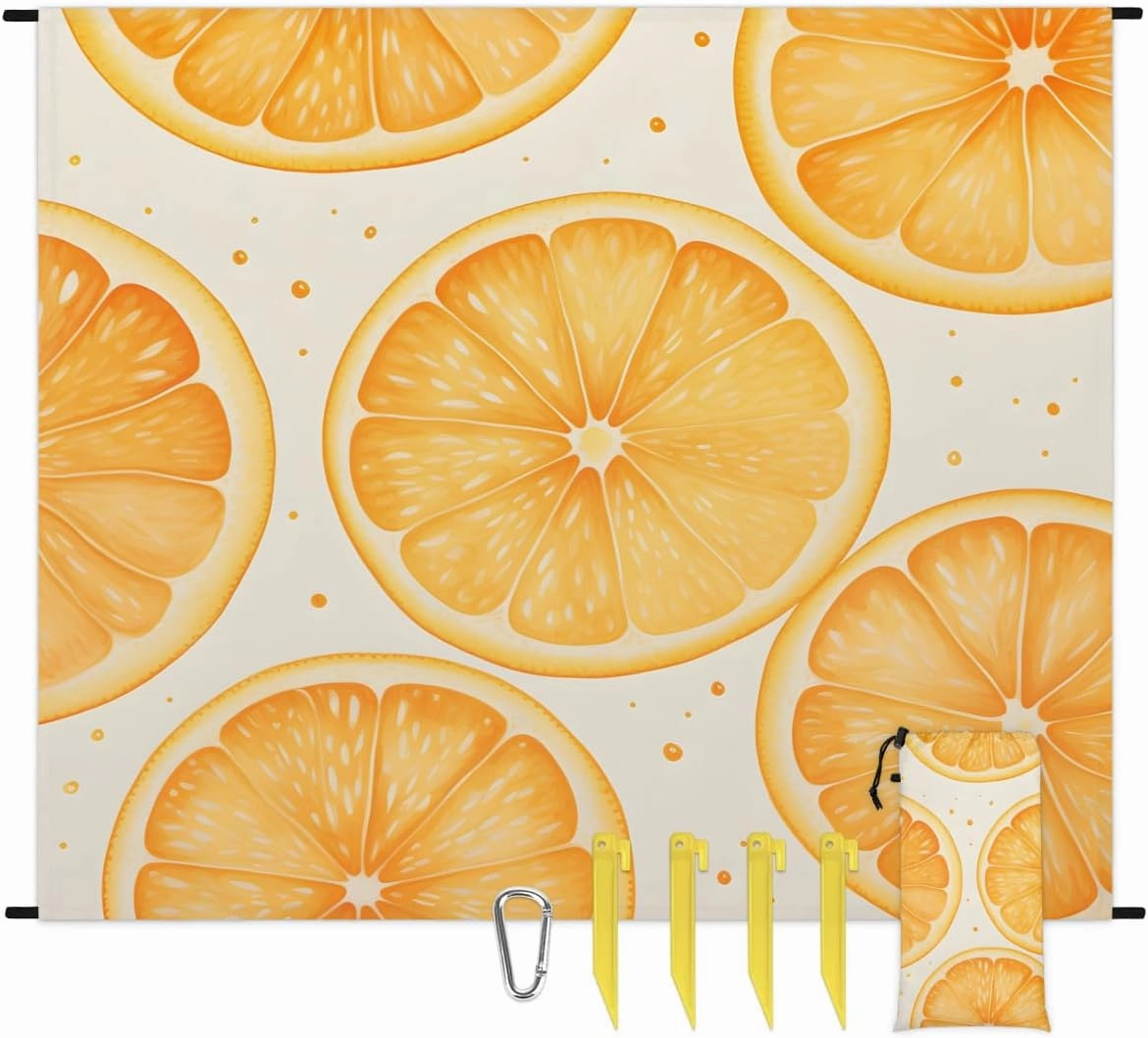 Yellow Lemon Beach Blanket, Sandproof Beach Mat, 68 x 59 Waterproof Quick Drying Sand Free Mat with 4 x Ground Spikes for Outdoor Travel Camping Hiking, Lemon Print