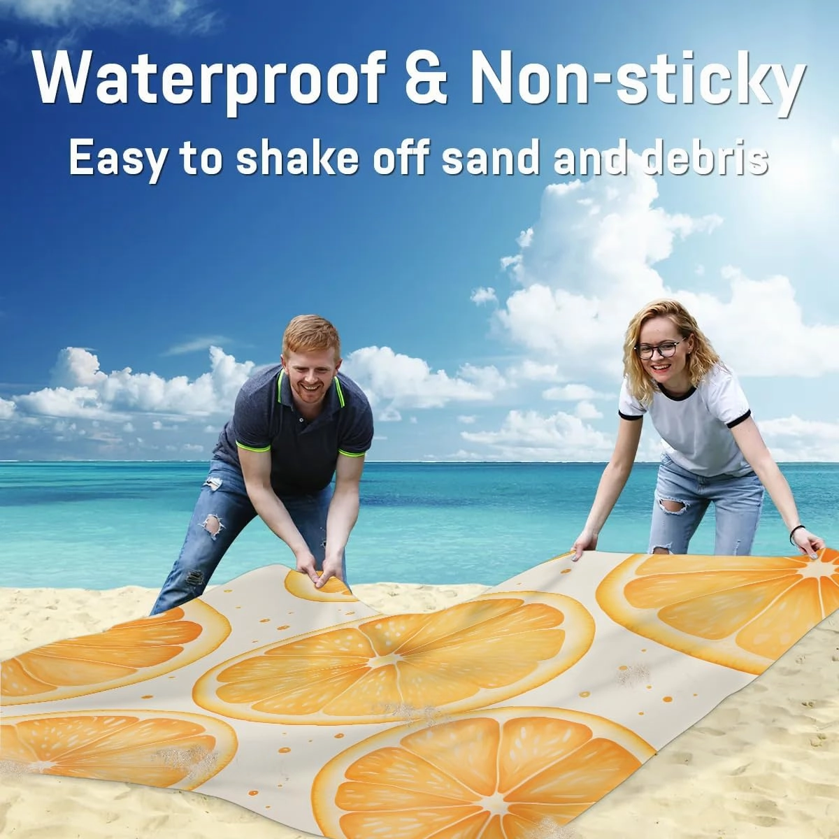 Yellow Lemon Beach Blanket, Sandproof Beach Mat, 68 x 59 Waterproof Quick Drying Sand Free Mat with 4 x Ground Spikes for Outdoor Travel Camping Hiking, Lemon Print