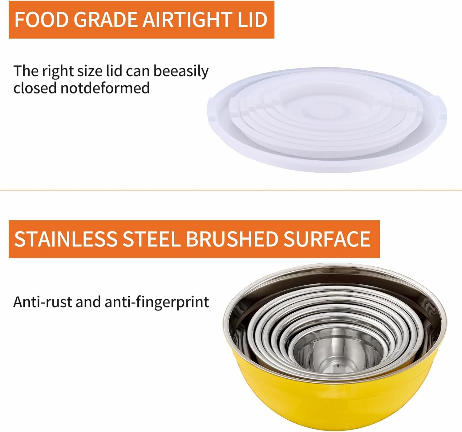 Yellow Mixing Bowls With Airtight Lids,Stainless Steel Bowl,Salad Bowls 7 Piece Colorful Nesting Bowl Rainbow Kitchen Accessories,Size 7,3.6,2.7,2.1,1.5,1.1,0.8QT Stackable Design