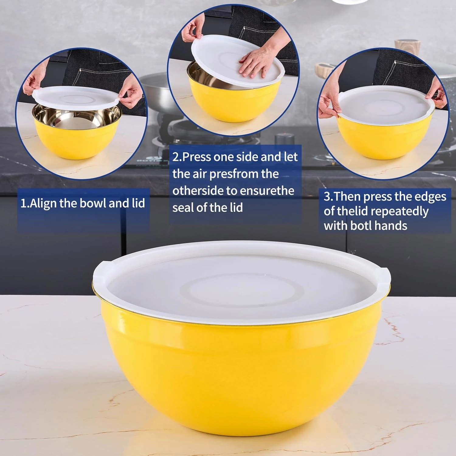 Yellow Mixing Bowls With Airtight Lids,Stainless Steel Bowl,Salad Bowls 7 Piece Colorful Nesting Bowl Rainbow Kitchen Accessories,Size 7,3.6,2.7,2.1,1.5,1.1,0.8QT Stackable Design