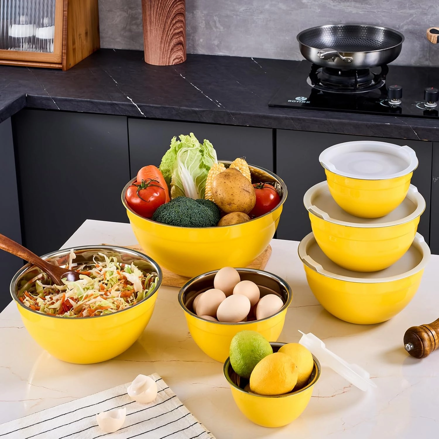 Yellow Mixing Bowls With Airtight Lids,Stainless Steel Bowl,Salad Bowls 7 Piece Colorful Nesting Bowl Rainbow Kitchen Accessories,Size 7,3.6,2.7,2.1,1.5,1.1,0.8QT Stackable Design