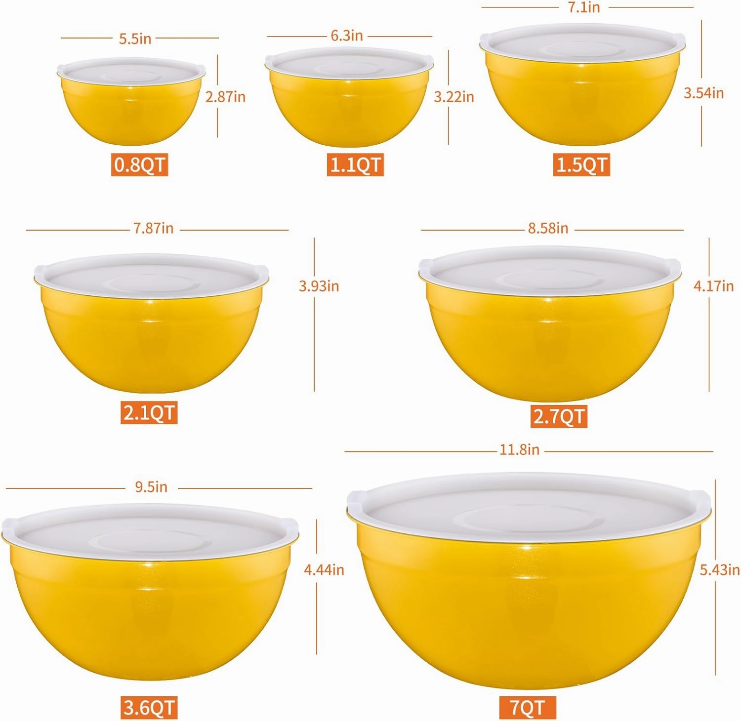Yellow Mixing Bowls With Airtight Lids,Stainless Steel Bowl,Salad Bowls 7 Piece Colorful Nesting Bowl Rainbow Kitchen Accessories,Size 7,3.6,2.7,2.1,1.5,1.1,0.8QT Stackable Design