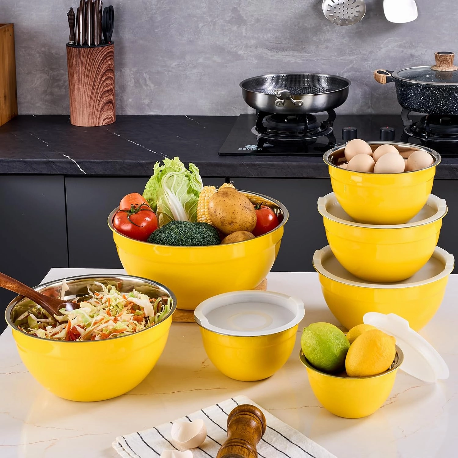 Yellow Mixing Bowls With Airtight Lids,Stainless Steel Bowl,Salad Bowls 7 Piece Colorful Nesting Bowl Rainbow Kitchen Accessories,Size 7,3.6,2.7,2.1,1.5,1.1,0.8QT Stackable Design